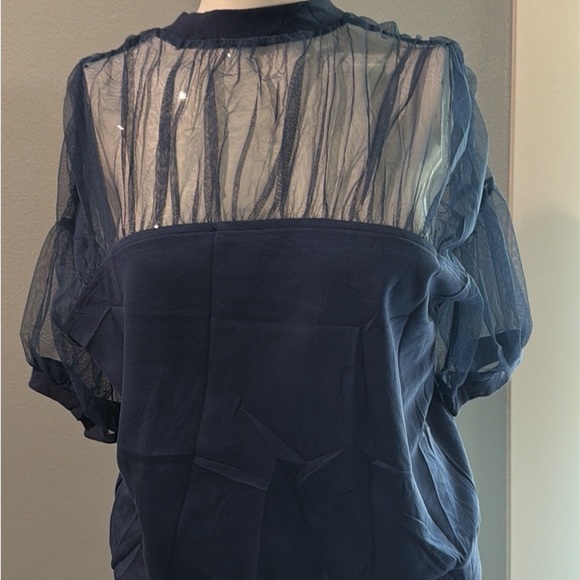 NWTElegant Navy Sheer Yoke High neck line puff sleeve super soft stretch bottom - Picture 2 of 8